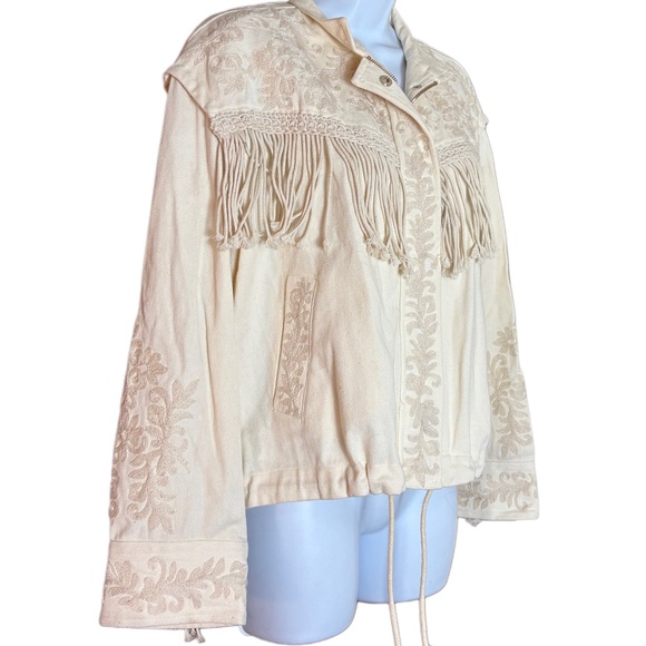 Zara Woman Ivory Jean Jacket, with Fringe, Embroidered Zips & Snaps, Boho, S, M - Picture 2 of 13